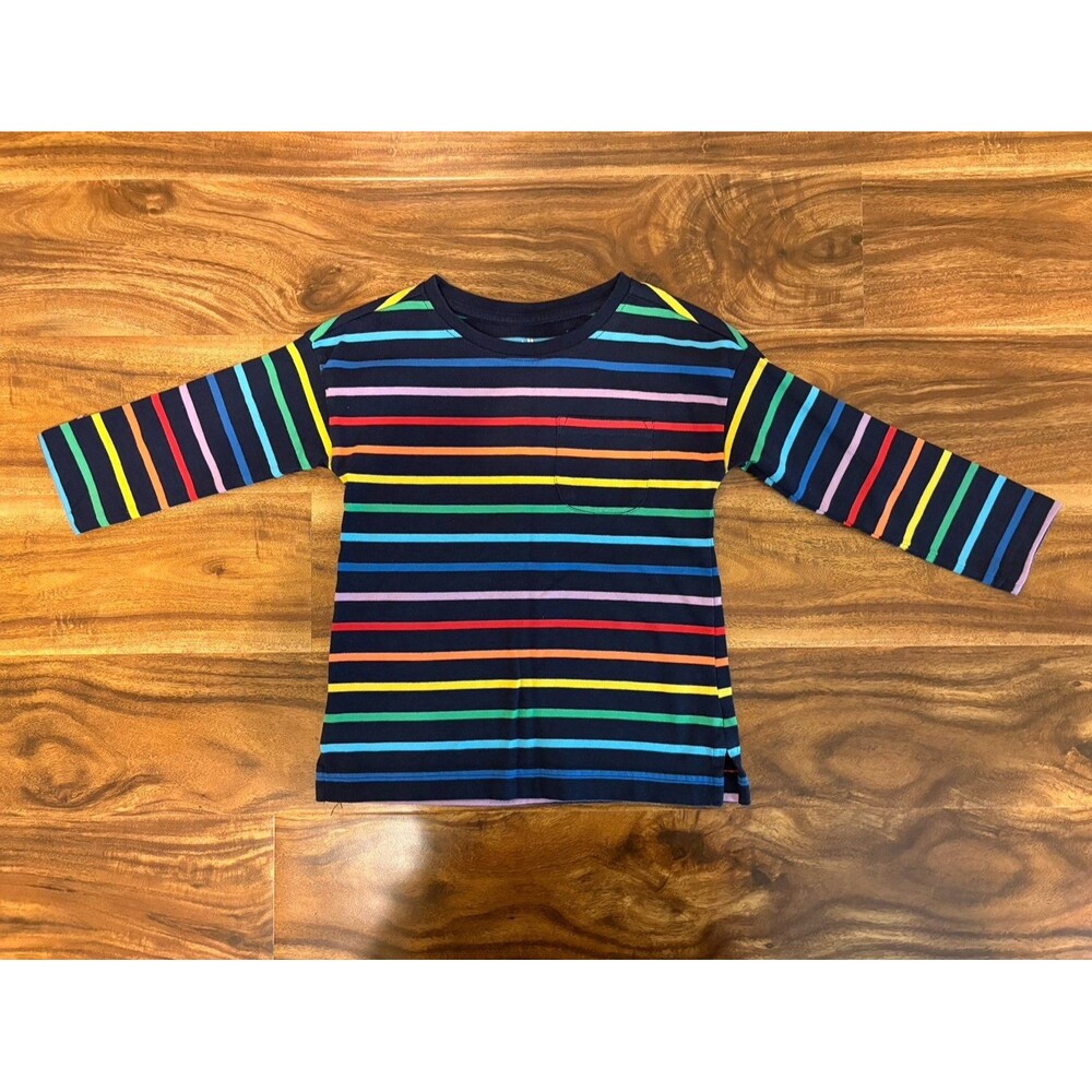 Primary Long Sleeve Pocket Tee, Navy with Rainbow Stripes, Size 3T